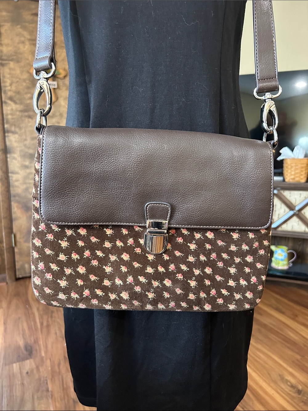 Liz Claiborne Brown Corduroy Floral Crossbody Messenger Bag